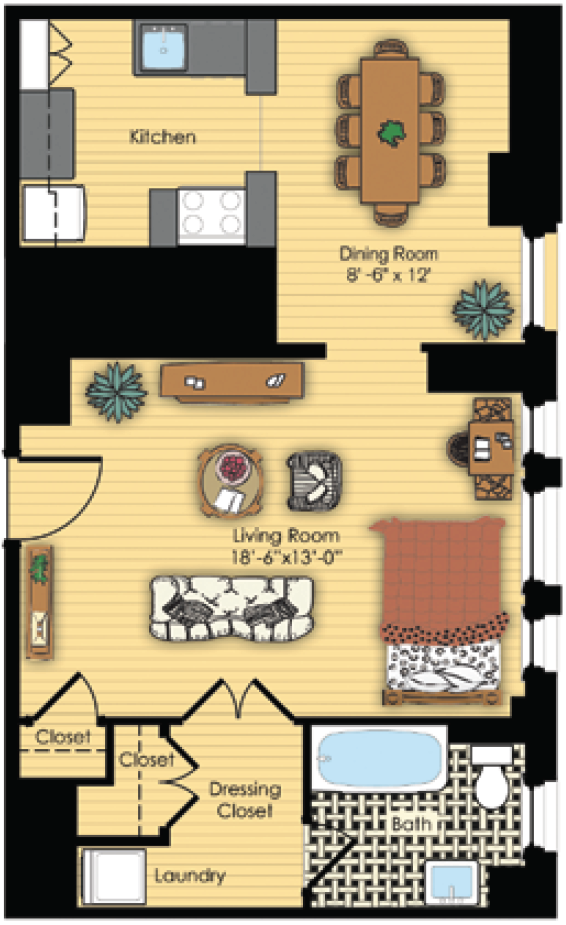 Floor plan for studio, 1 bath, 580 sqft